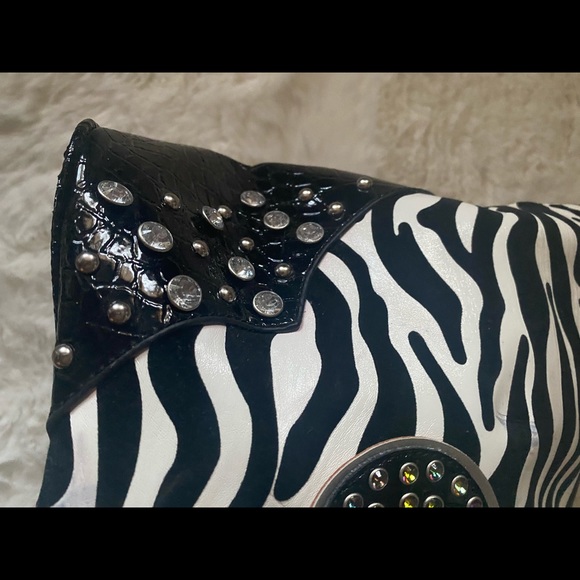 Hobo Shoulder Bag Zebra Print with Patent Black, Rhinestones, Turquoise & Pink - Picture 5 of 16